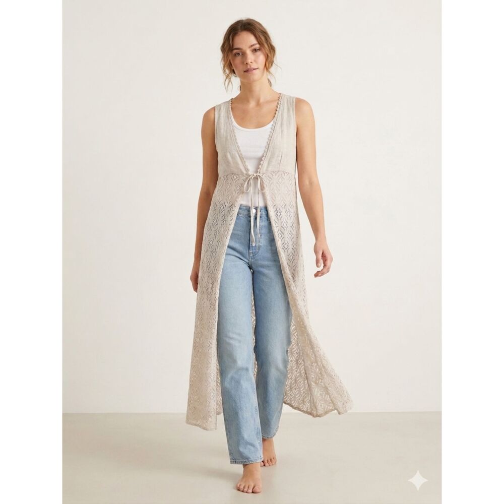 Valentina Naldi Made in Italy Linen Lace Boho Wrap Cardigan Cover Up NWT S/M